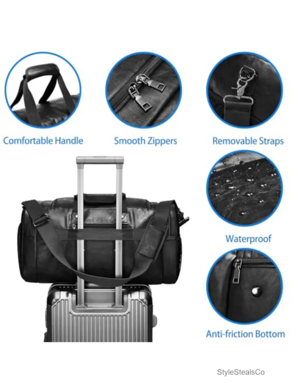 Leather Travel Duffle Bag Weekender Overnight with Shoe Compartment Waterproof